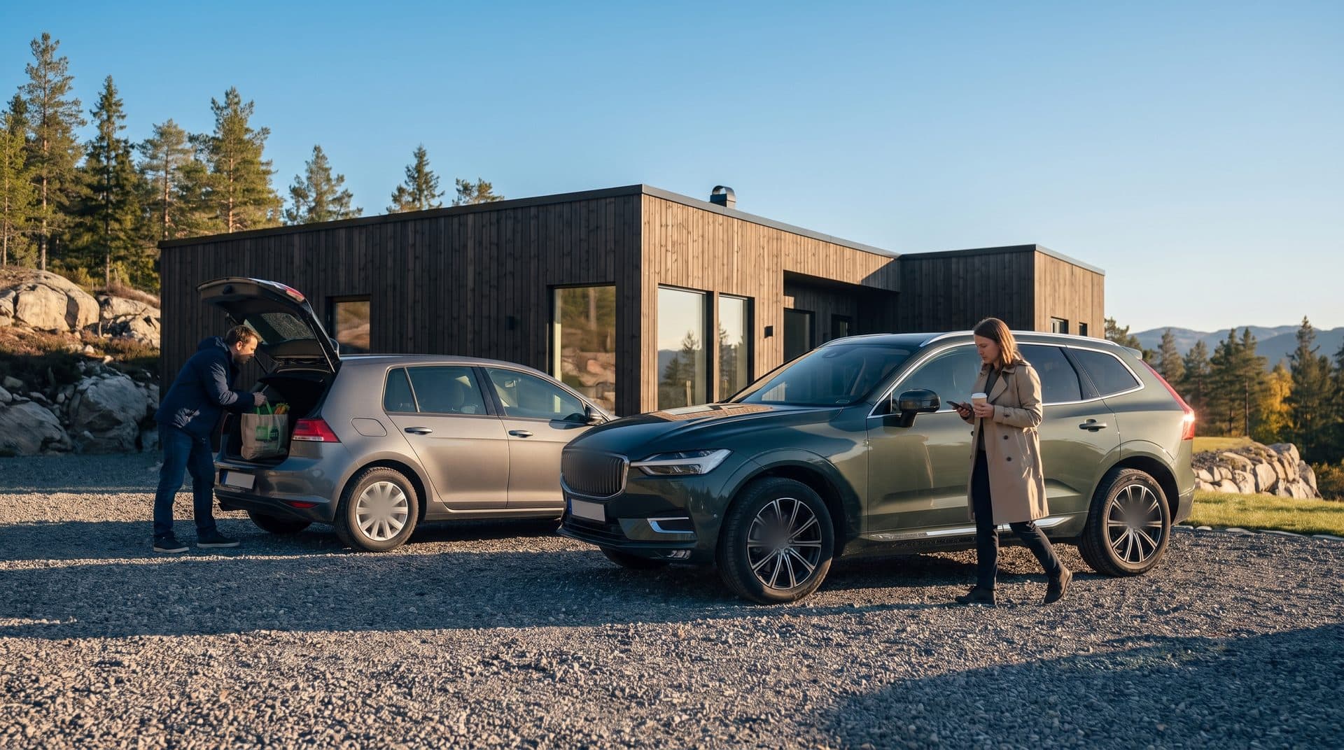 En eldre og en nyere bil står side om side foran et moderne hus en solrik ettermiddag