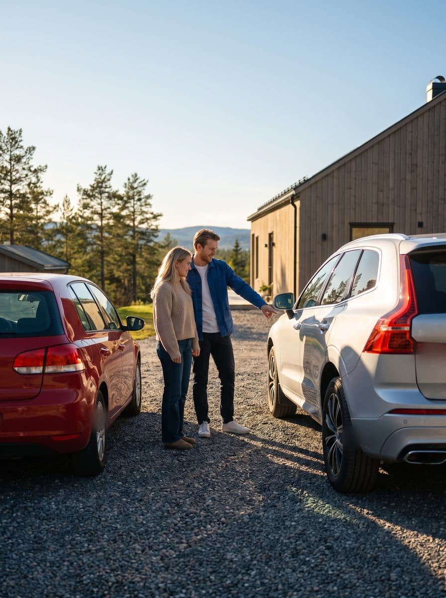 Et par står mellom en eldre rød bil og en nyere SUV i oppkjørselen i kveldssol