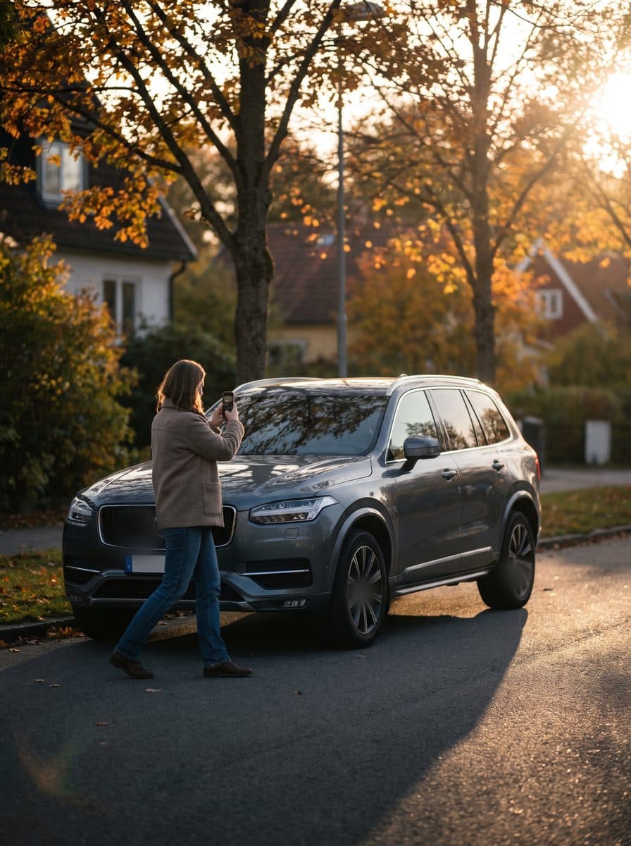 Kvinne går rundt den grå SUV-en sin og tar bilder av den med mobilen