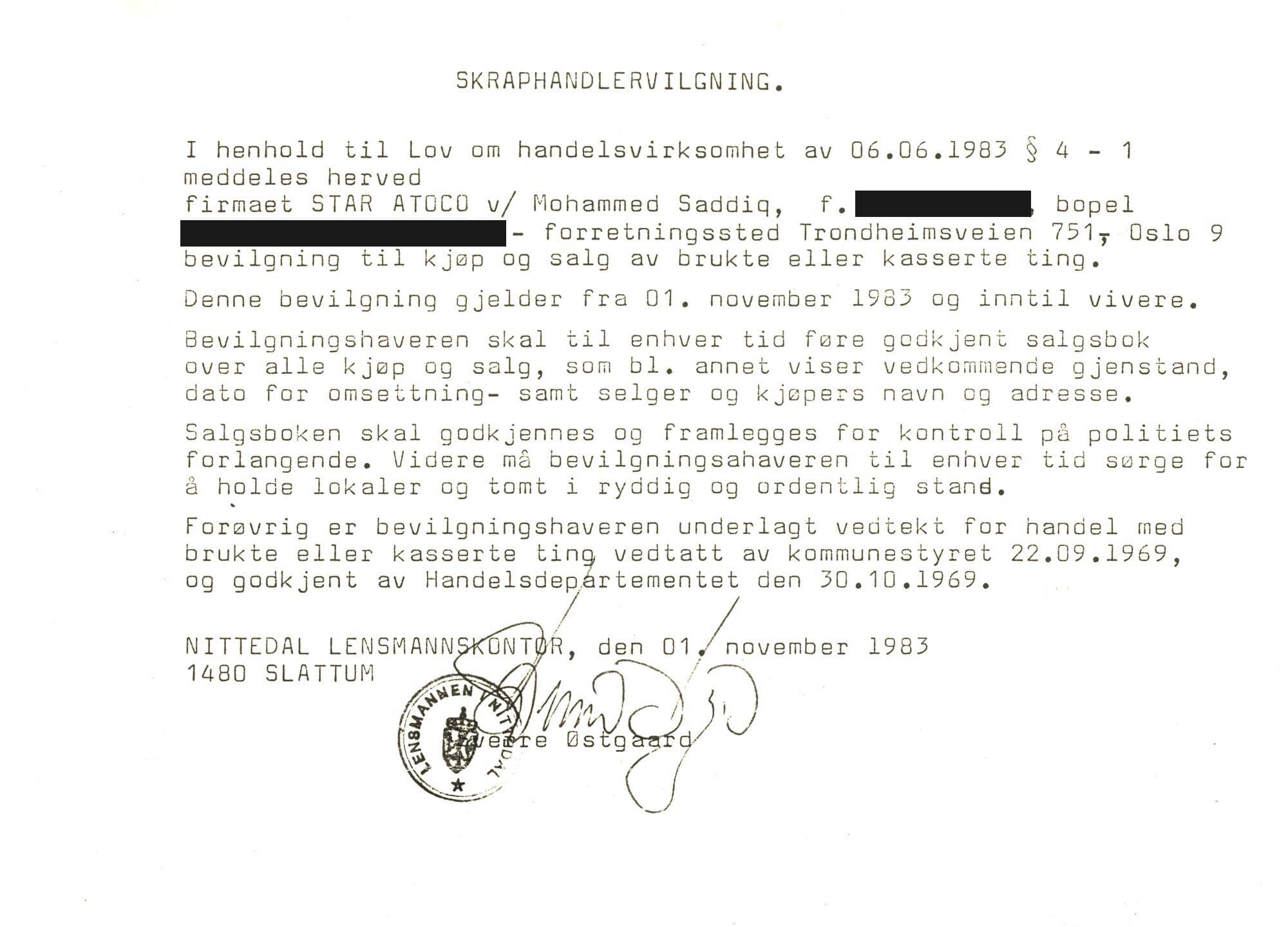 Bevilling til Star Autoco fra Nittedal lensmannskontor, 1. november 1983, med stempel og signatur